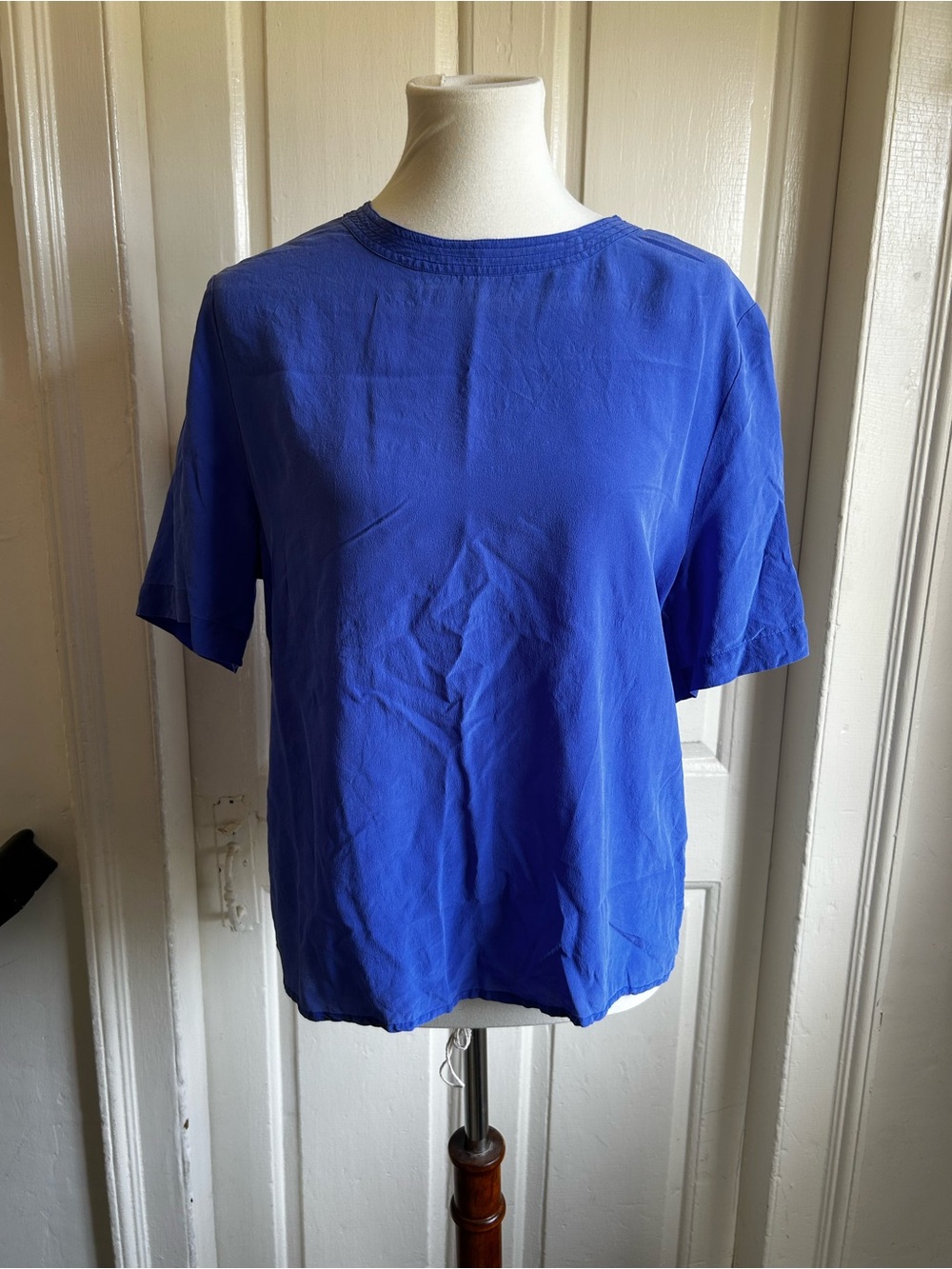 Vintage Y2K Savannah Cobalt Blue 100% Silk Short Sleeve Blouse Size Large